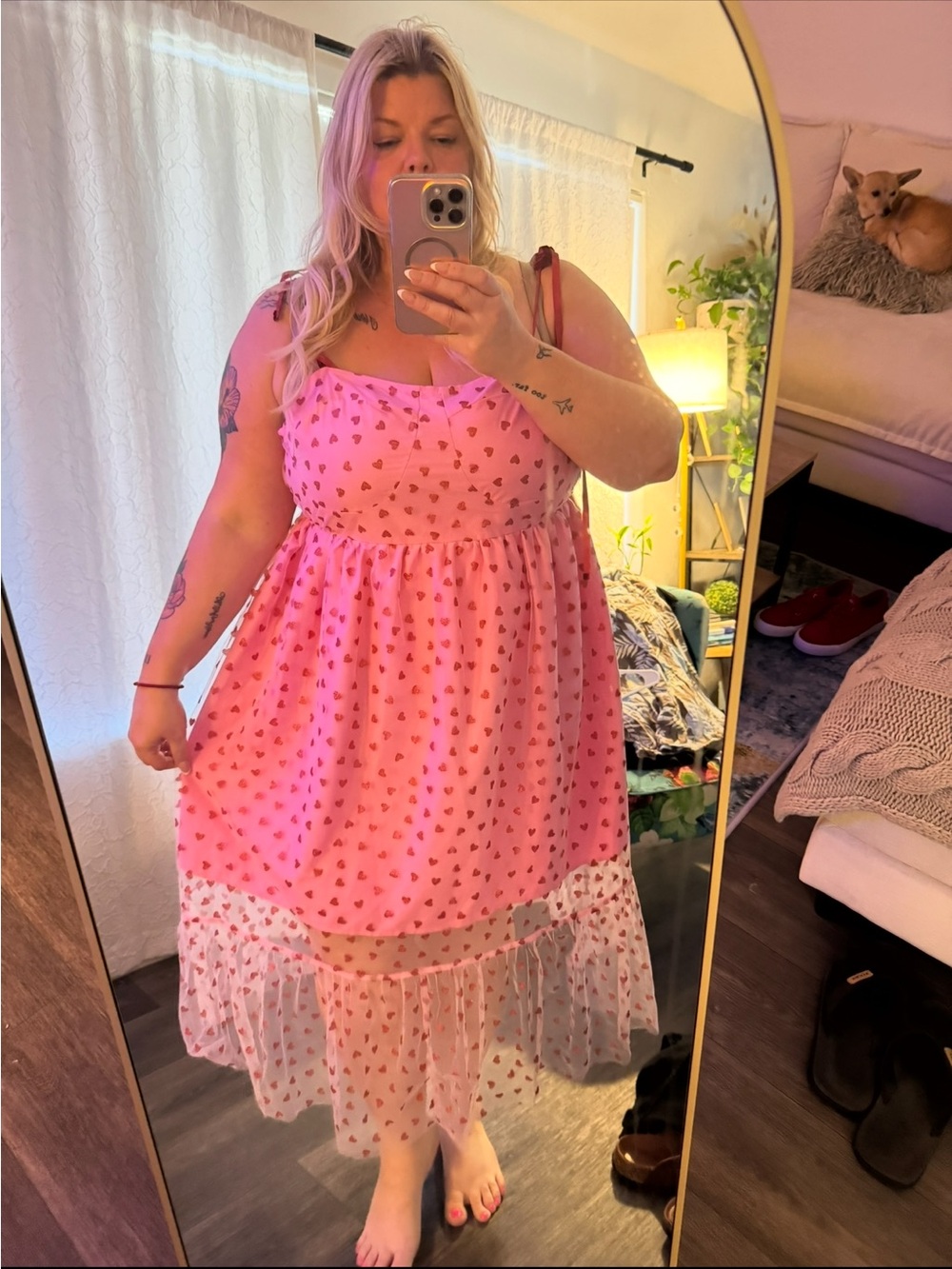 Pink Heart Print Tiered Dress
